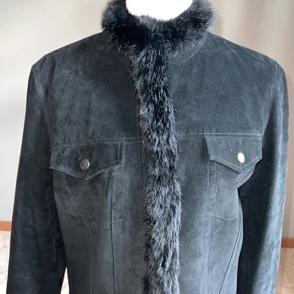 Yvonne Le Marie Black Suede Leather Jacket with Rabbit Fur Trim. Size 12 - Picture 2 of 13